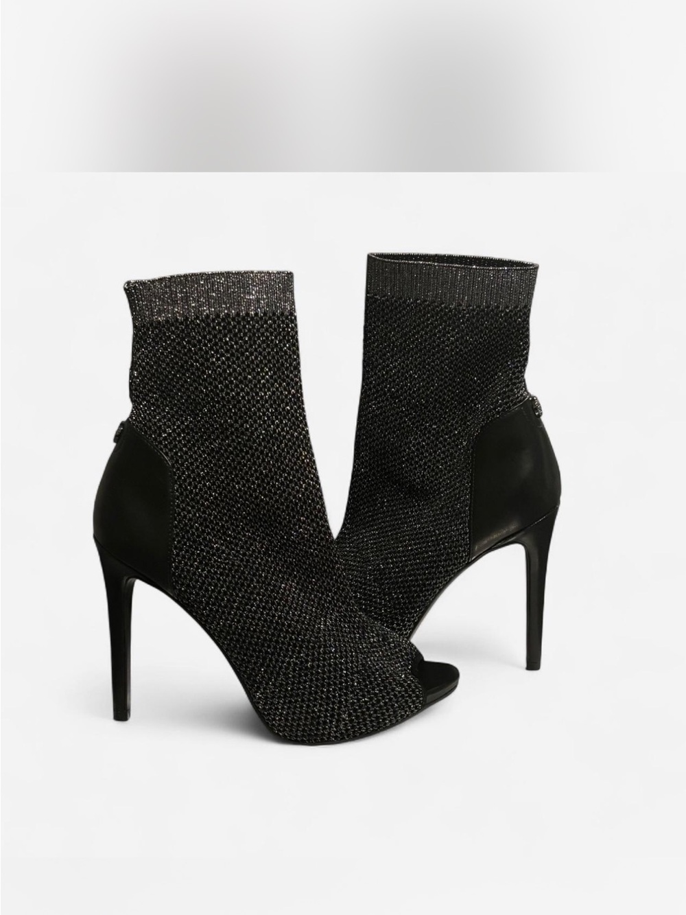 Guess by Marciano Black Glitter Knit Peep-Toe Stiletto Ankle Boots